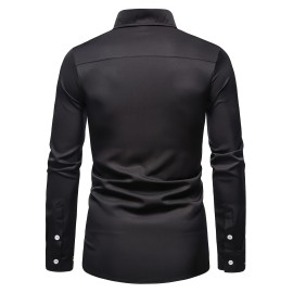 Embroidery Design Men's Stylish Asymmetrical Slim Long Sleeve Single Breast Shirt With Button, Banquet Wedding