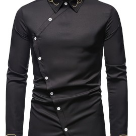 Embroidery Design Men's Stylish Asymmetrical Slim Long Sleeve Single Breast Shirt With Button, Banquet Wedding