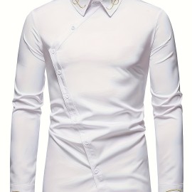 Embroidery Design Men's Stylish Asymmetrical Slim Long Sleeve Single Breast Shirt With Button, Banquet Wedding