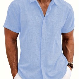 Solid Men's Short Sleeve Button Down Shirt, Summer Men's Clothing, Leisurewear