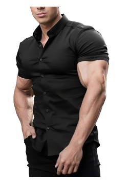 Solid Slim Fit Men's Cotton Blend Short Sleeve Button Down Shirt, Summer Outdoor Fitness Workout