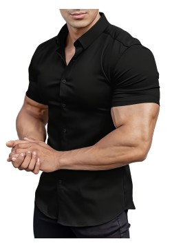 Solid Slim Fit Men's Cotton Blend Short Sleeve Button Down Shirt, Summer Outdoor Fitness Workout