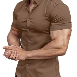 Solid Slim Fit Men's Cotton Blend Short Sleeve Button Down Shirt, Summer Outdoor Fitness Workout