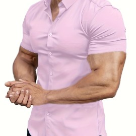 Solid Slim Fit Men's Cotton Blend Short Sleeve Button Down Shirt, Summer Outdoor Fitness Workout