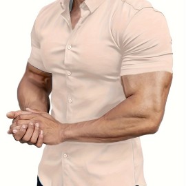 Solid Slim Fit Men's Cotton Blend Short Sleeve Button Down Shirt, Summer Outdoor Fitness Workout