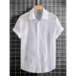 Men's Solid Hollow Out Lapel Short Sleeve Button Up Shirt For Summer Beach Party, Vacation