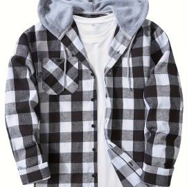 Men's Plaid Hooded Shirt Jacket with Chest Pocket - Casual Fall Winter Outwear