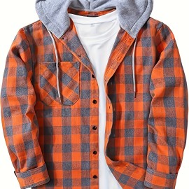 Men's Plaid Hooded Shirt Jacket with Chest Pocket - Casual Fall Winter Outwear