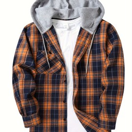 Men's Plaid Hooded Shirt Jacket with Chest Pocket - Casual Fall Winter Outwear