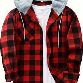 Men's Plaid Hooded Shirt Jacket with Chest Pocket - Casual Fall Winter Outwear