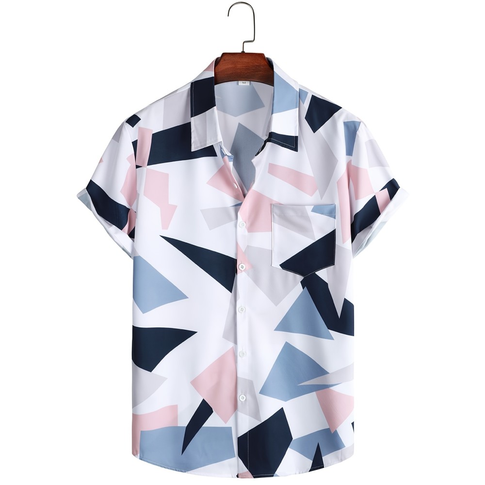 Mens Casual Triangle Pattern Non Stretch Turndown Collar Short Sleeve T-shirt With Buttons, Male Clothes For Summer