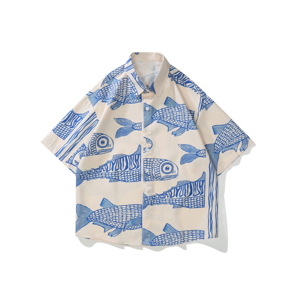 Retro Fish Pattern Men's Short Sleeve Lapel Shirt, Men's Casual Button Up Shirt For Summer Holiday