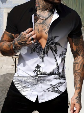 Anime Beach Pattern Men's Chic Gradient Short Sleeve Button Down Shirt, Summer Resort Vacation