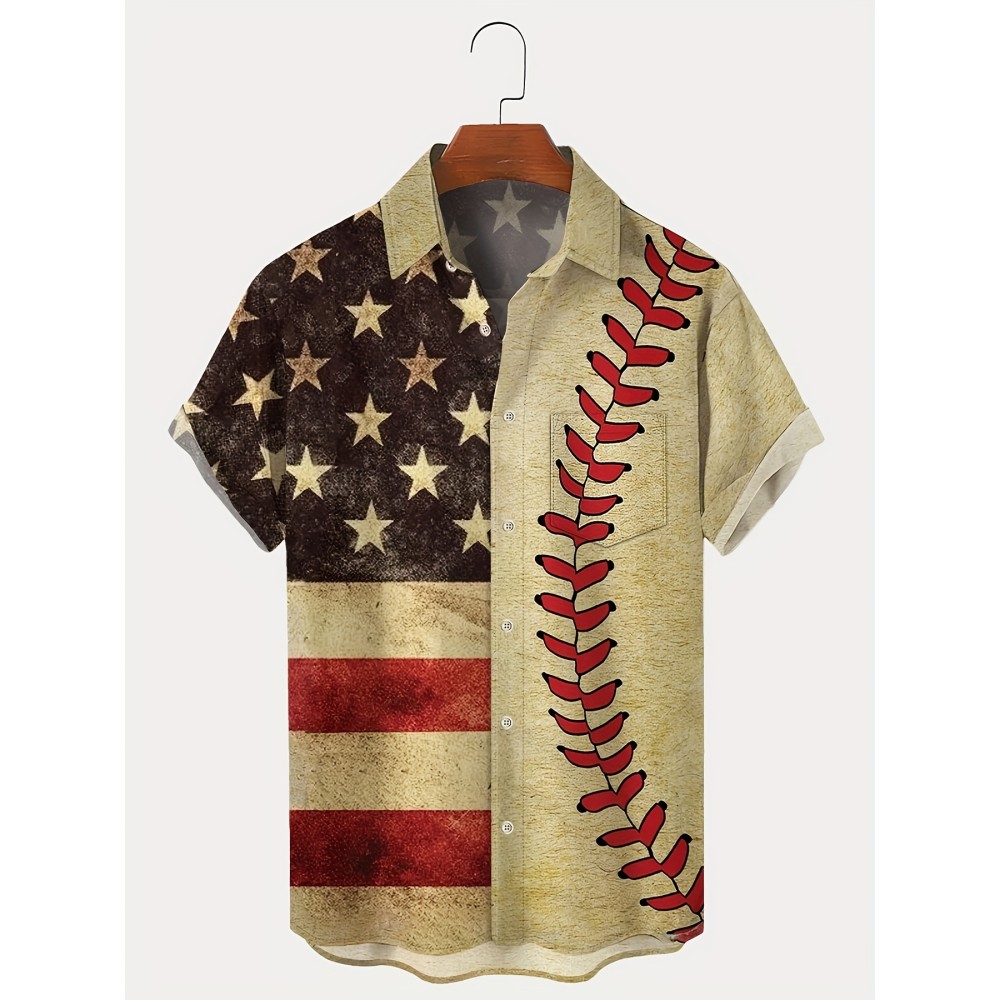 Baseball Themed Flag Digital Print Men's Vintage Short Sleeve Button Down Shirt With Chest Pocket, Summer Outdoor