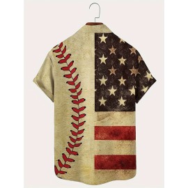 Baseball Themed Flag Digital Print Men's Vintage Short Sleeve Button Down Shirt With Chest Pocket, Summer Outdoor