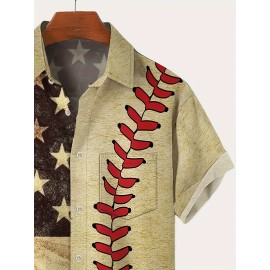 Baseball Themed Flag Digital Print Men's Vintage Short Sleeve Button Down Shirt With Chest Pocket, Summer Outdoor