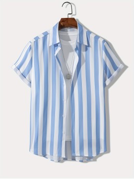 Classic Stripe Print Men's Casual Short Sleeve Shirt, Men's Shirt For Summer Vacation Resort, Tops For Men