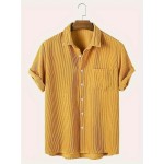 Ribbed Men's Casual Short Sleeve Lapel Shirt With Chest Pocket For Summer Outdoor, Gift For Men