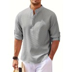 Solid Lapel Shirt, Men's Casual V-Neck Pullover Long Sleeve Shirt For Spring Autumn, Men's Clothing