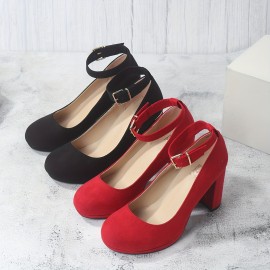 Women's Red Block Heels, Elegant Solid Color Buckle Strap Pumps, Women's Fashion Pumps