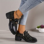 Women's Chunky Mid Heels, Bowknot Tweed Splicing Round Toe Ankle Boots, Fashion Side Zipper Short Boots