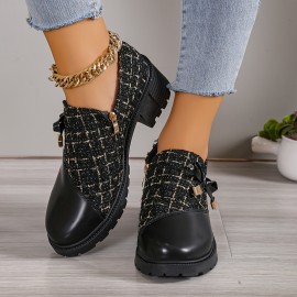 Women's Chunky Mid Heels, Bowknot Tweed Splicing Round Toe Ankle Boots, Fashion Side Zipper Short Boots