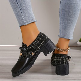 Women's Chunky Mid Heels, Bowknot Tweed Splicing Round Toe Ankle Boots, Fashion Side Zipper Short Boots