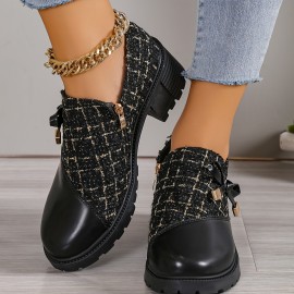 Women's Chunky Mid Heels, Bowknot Tweed Splicing Round Toe Ankle Boots, Fashion Side Zipper Short Boots