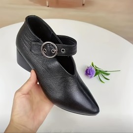 Women's Solid Color Shoes, Point Toe Ankle Buckle Decor Block Heel Chelsea Outdoor Comfy Shoes, Versatile Dance Shoes