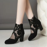 Women's Breathable Lace Mesh Block Heels, Fashion Back Zipper Dress Pumps, Stylish Embroidery Heels