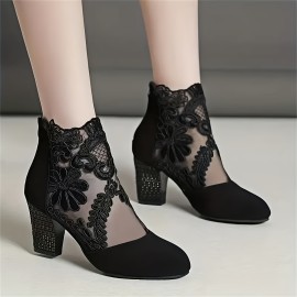 Women's Breathable Lace Mesh Block Heels, Fashion Back Zipper Dress Pumps, Stylish Embroidery Heels