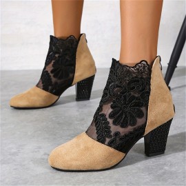 Women's Breathable Lace Mesh Block Heels, Fashion Back Zipper Dress Pumps, Stylish Embroidery Heels