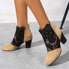 Women's Breathable Lace Mesh Block Heels, Fashion Back Zipper Dress Pumps, Stylish Embroidery Heels