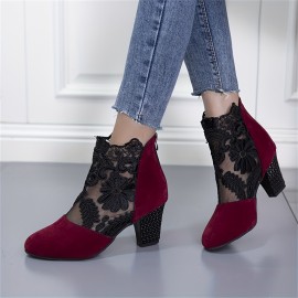 Women's Breathable Lace Mesh Block Heels, Fashion Back Zipper Dress Pumps, Stylish Embroidery Heels