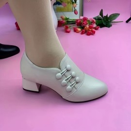 Women's Solid Color Chunky Heels, Casual Point Toe Faux Leather Shoes, Comfortable Slip On Pumps