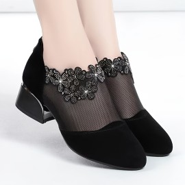 Women's Flower Rhinestone Mesh Block Heels, Fashion Back Zipper Solid Sandals, Versatile Dress Low Heels