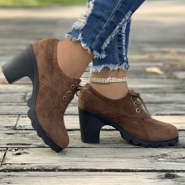 Women's Solid Color Platform Shoes, Lace Up Shallow Mouth Casual Chunky Heels, Versatile Round Toe Non-slip Pumps