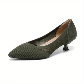 Women's Knit Kitten Heels, Solid Color Pointed Toe Slip On Mesh Low Heels, Comfy & Versatile Dress Shoes