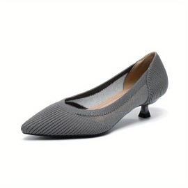 Women's Knit Kitten Heels, Solid Color Pointed Toe Slip On Mesh Low Heels, Comfy & Versatile Dress Shoes