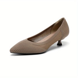 Women's Knit Kitten Heels, Solid Color Pointed Toe Slip On Mesh Low Heels, Comfy & Versatile Dress Shoes