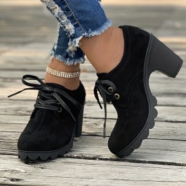 Women's Lace Up Ankle Boots, Casual Solid Color Chunky Heeled Booties, Round Toe High Heeled Short Boots