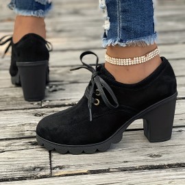 Women's Lace Up Ankle Boots, Casual Solid Color Chunky Heeled Booties, Round Toe High Heeled Short Boots