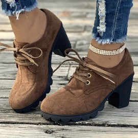 Women's Lace Up Ankle Boots, Casual Solid Color Chunky Heeled Booties, Round Toe High Heeled Short Boots