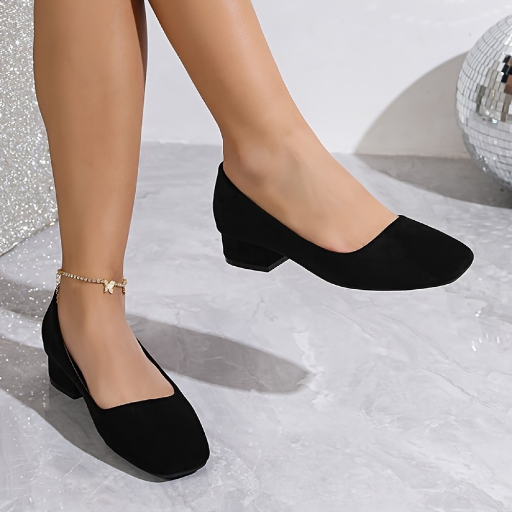 Women's Solid Color Chunky Heels, Elegant Square Toe Dress Pumps, Women's Fashion Slip On Heels