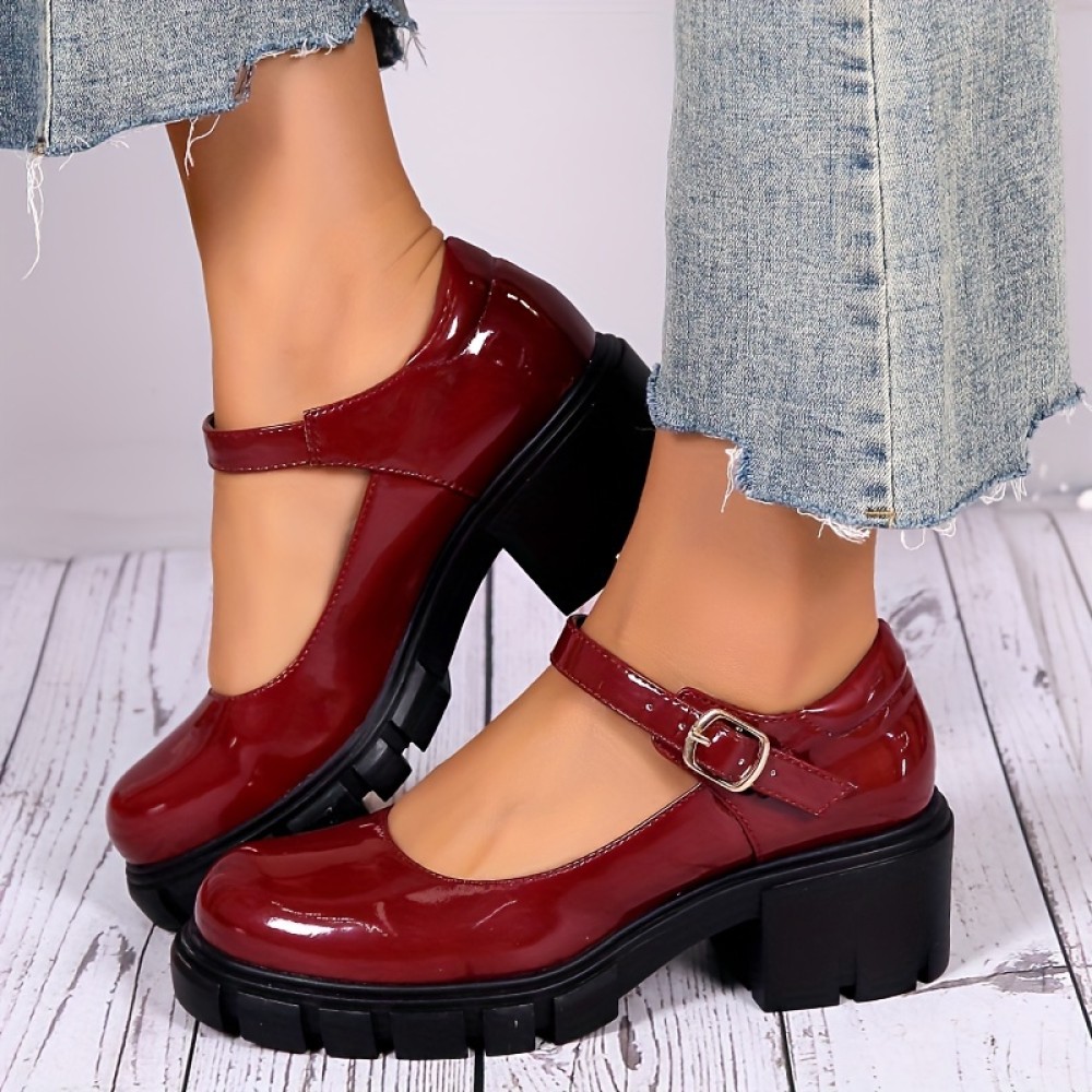 Women's Chunky Heel shoes, Solid Color Round Toe Buckle Strap Patent Leather Shoes, Versatile Dress Mid Heels