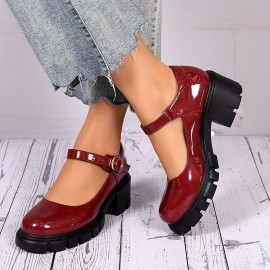 Women's Chunky Heel shoes, Solid Color Round Toe Buckle Strap Patent Leather Shoes, Versatile Dress Mid Heels