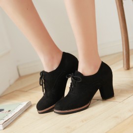 Women's Platform Chunky High Heels, Black Round Toe Micro Suede Lace Up Short Boots, Women's Beer Festival Dress Shoes