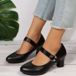 Women's Solid Color Mary Janes, Ankle Buckle Strap Casual Chunky Heel Shoes, Soft Sole Minimalist Daily Shoes