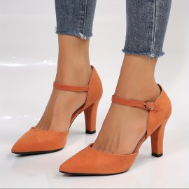 Women's Solid Color Block Heels, Casual Point Toe Buckle Strap Pumps, Comfortable Dress Heels