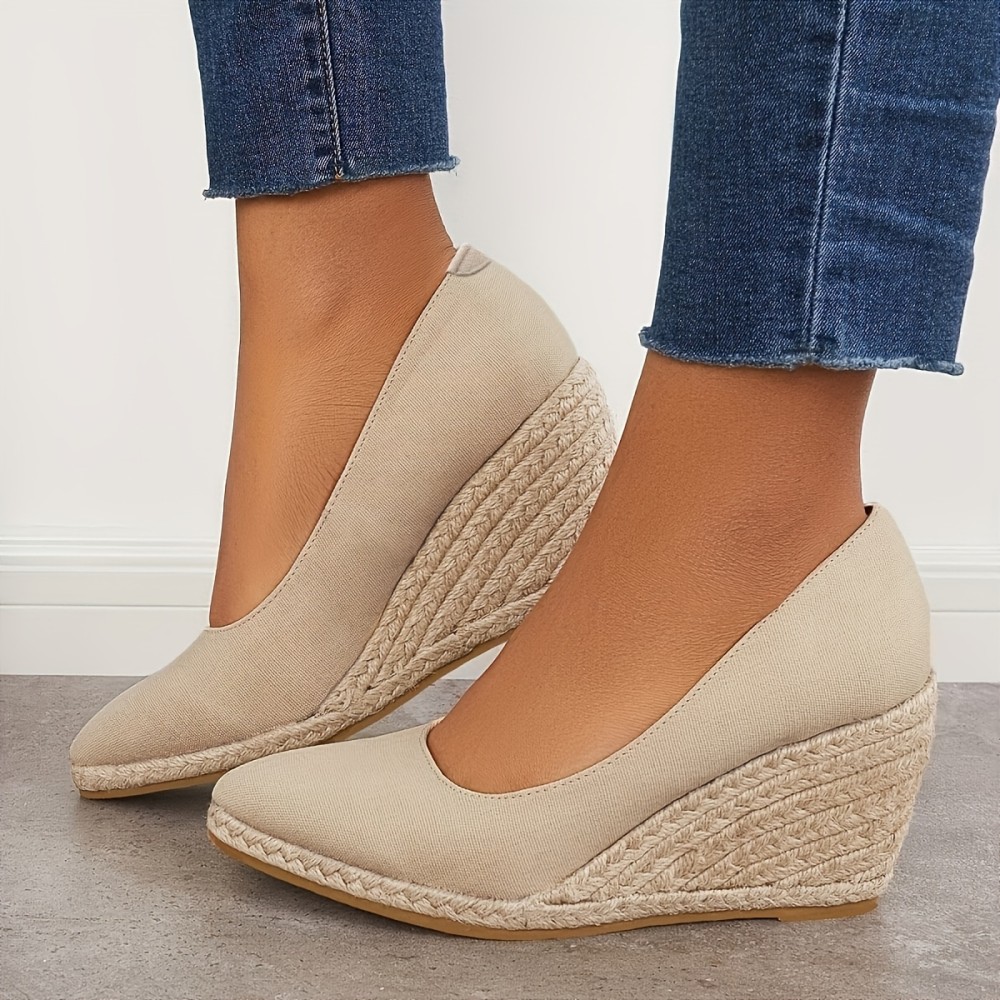 Women's Solid Color Wedge Heels, Closed Toe Slip On Platform Espadrilles Sandals, Casual & Lightweight Shoes